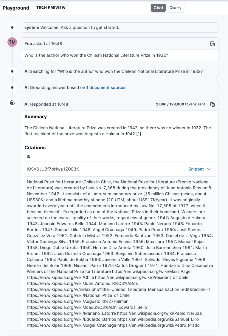 Asking a RAG question in Elasticsearch Playground.