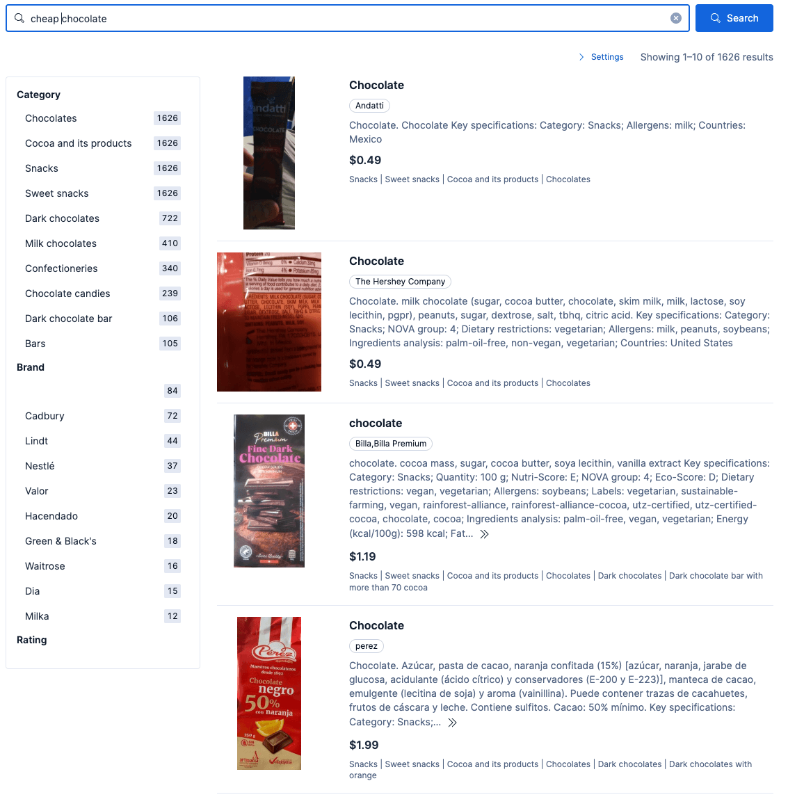 Interface showing a rule configuration with a match phrase for “cheap chocolate,” category and price filters, a phrase‑removal field, and priority settings.