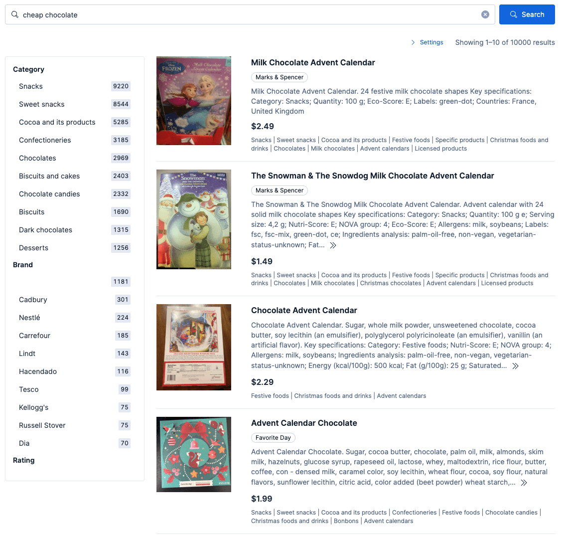 Search results page for the query “cheap chocolate,” showing category and brand filters on the left and a list of chocolate products on the right, including multiple advent calendars with images, prices, categories, and a displayed total of 10,000 results.