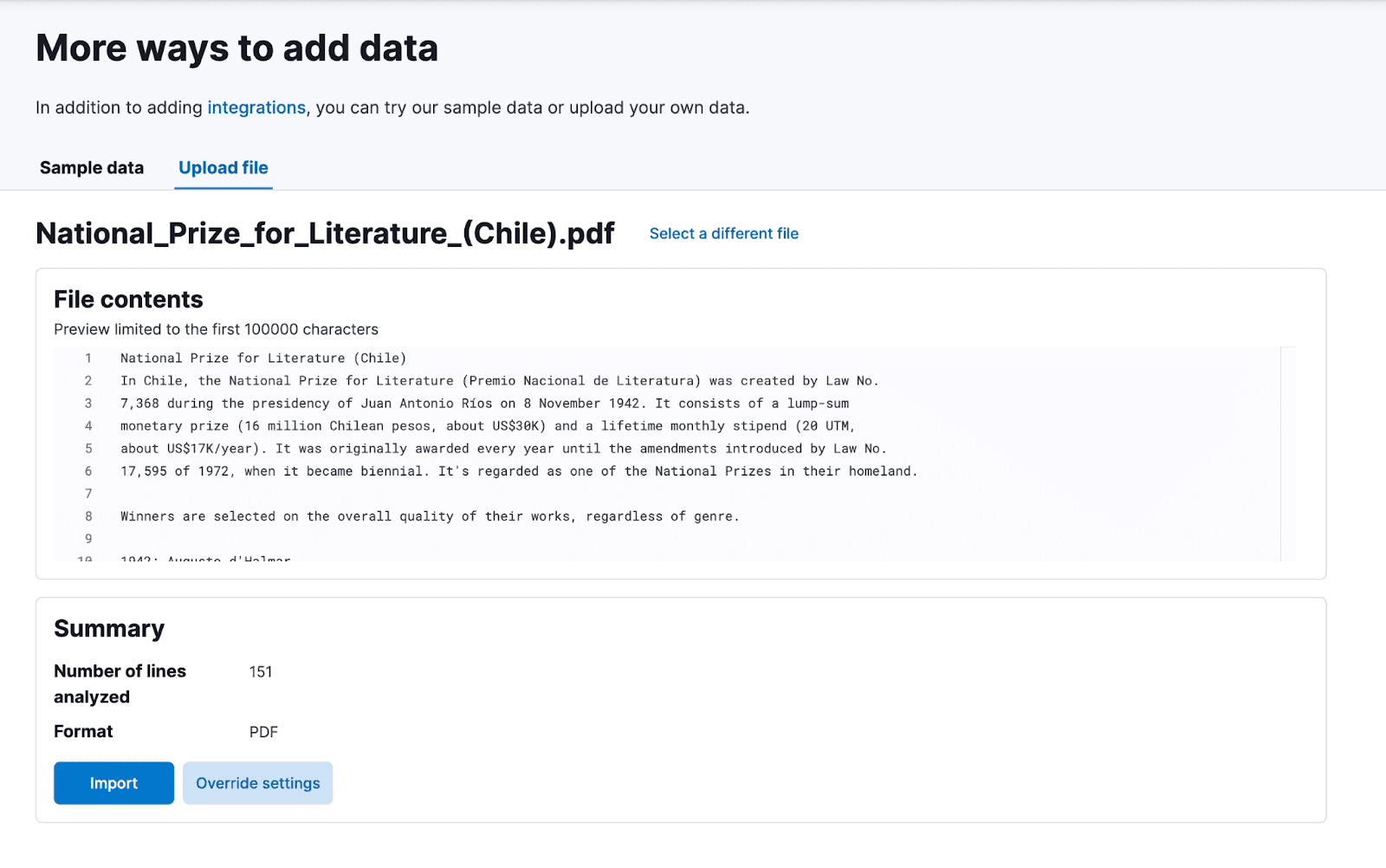 Uploading the sample PDF for RAG to Elasticsearch Playground.