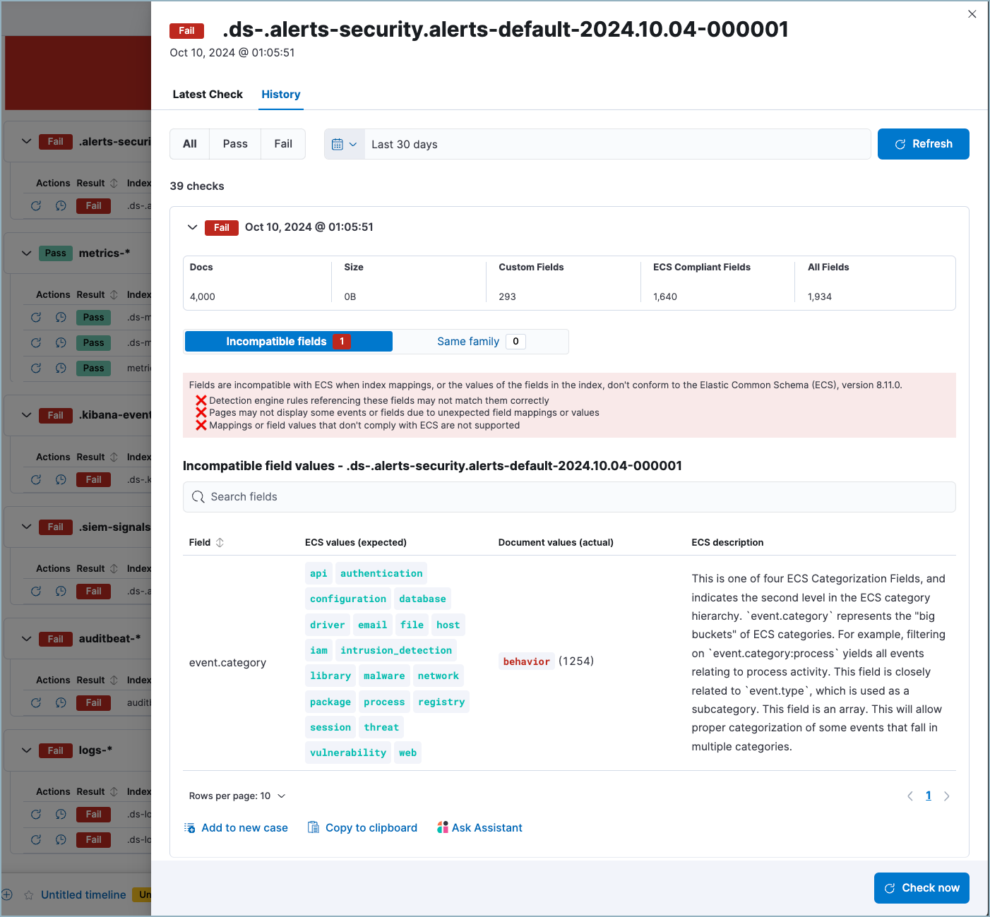 An index's data quality history tab