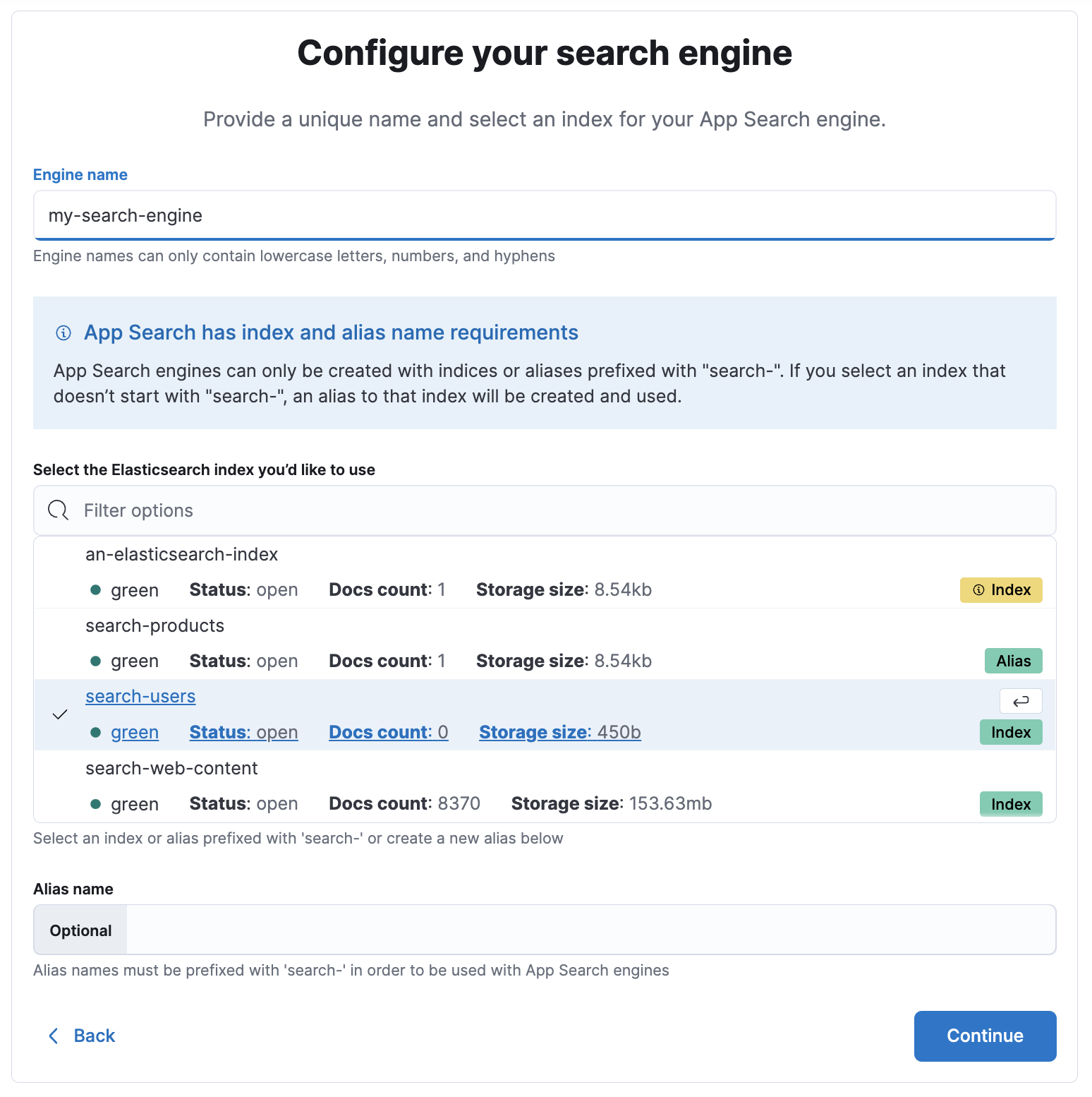 A picture of the screen to create an engine from an Elasticsearch index. An existing Elasticsearch alias is selected.