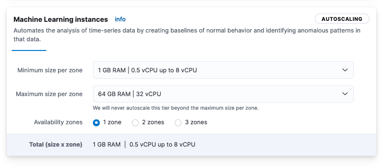 A screenshot showing sizing information for the autoscaled machine learning node