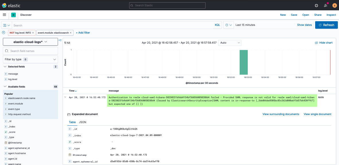 Log error in Stream page showing failed SAML authentication