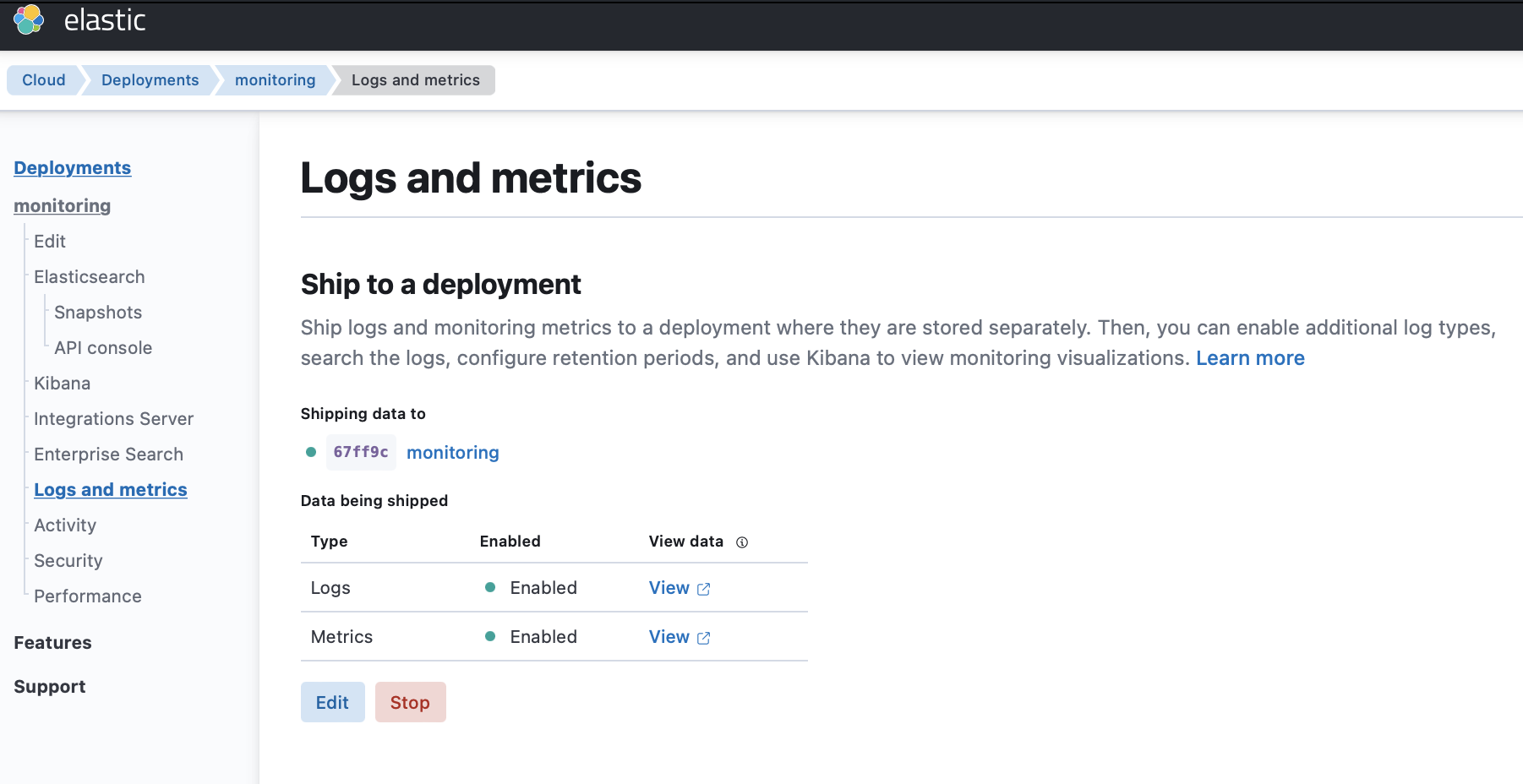 Log and metrics page