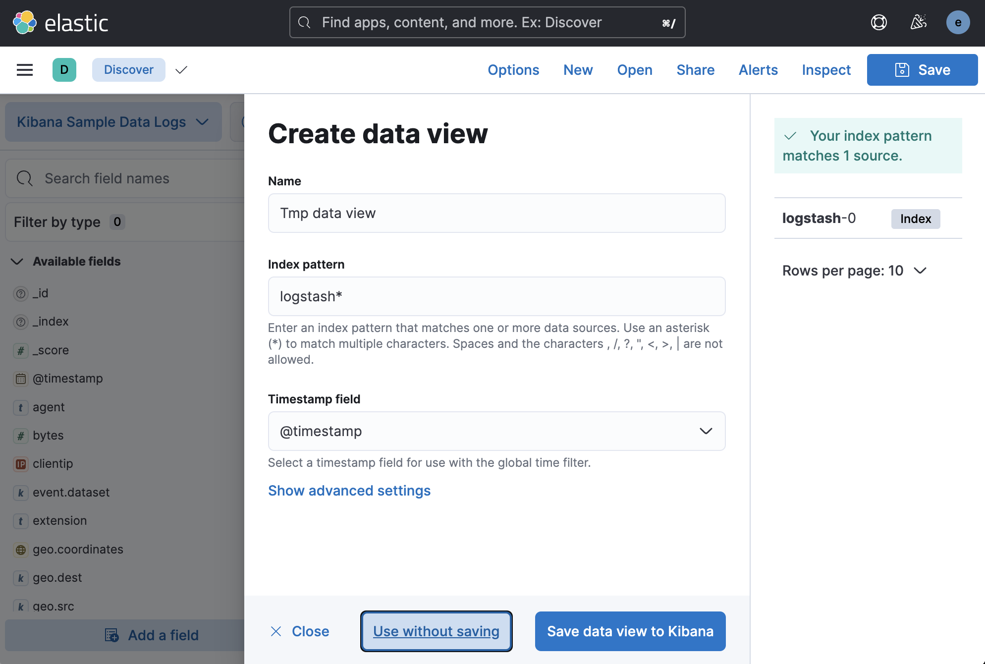 Create data view form showing Use without saving button