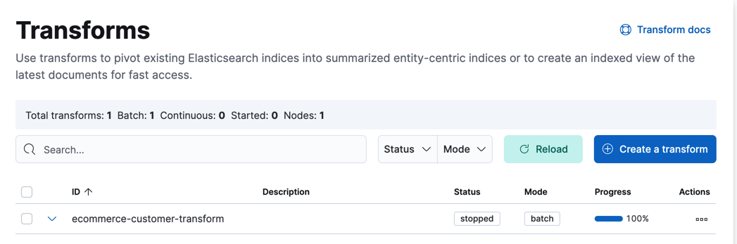 Managing transforms in Kibana