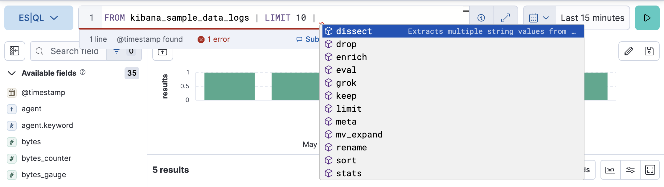 esql kibana auto complete