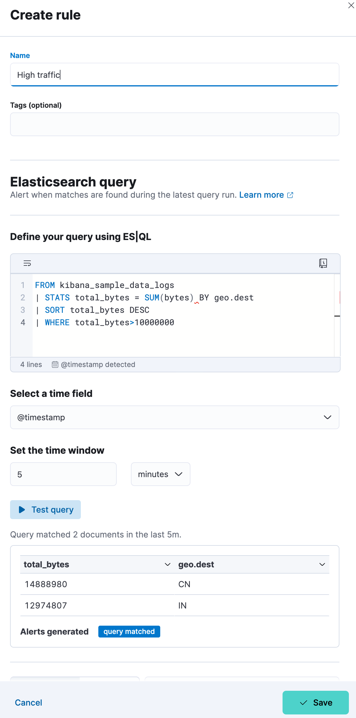 esql kibana create rule