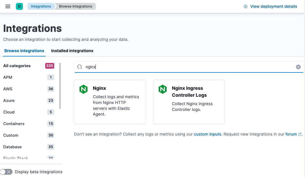 Integrations page with nginx in the search bar