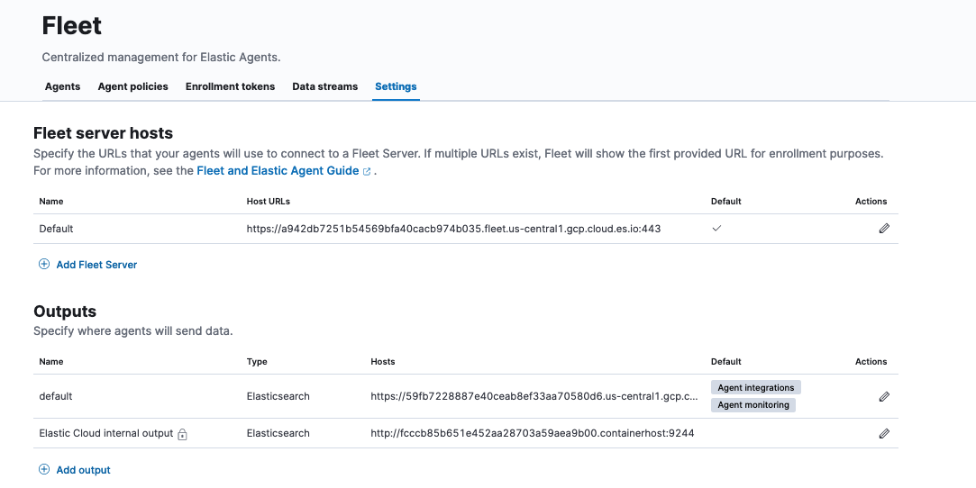 Settings tab in Fleet showing source deployment host and output settings