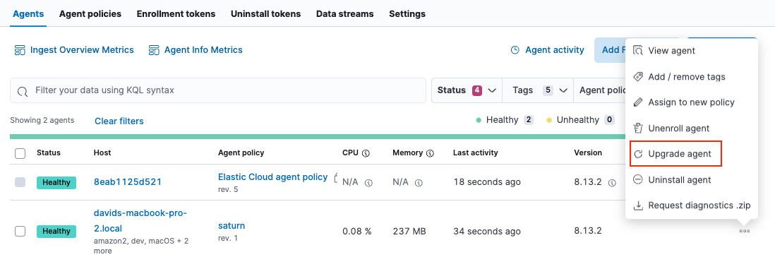 Menu for upgrading a single Elastic Agent