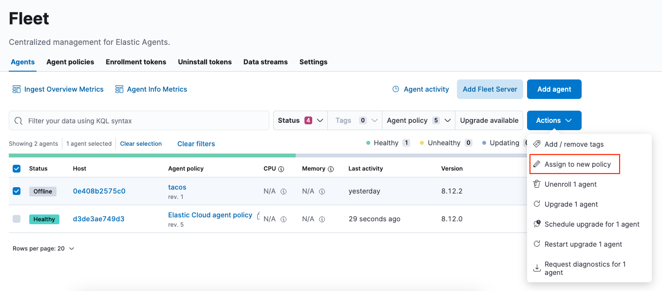 Assign to new policy dropdown