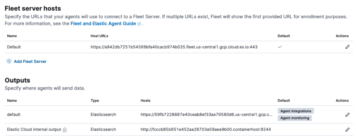 Settings tab in Fleet showing source deployment host and output settings