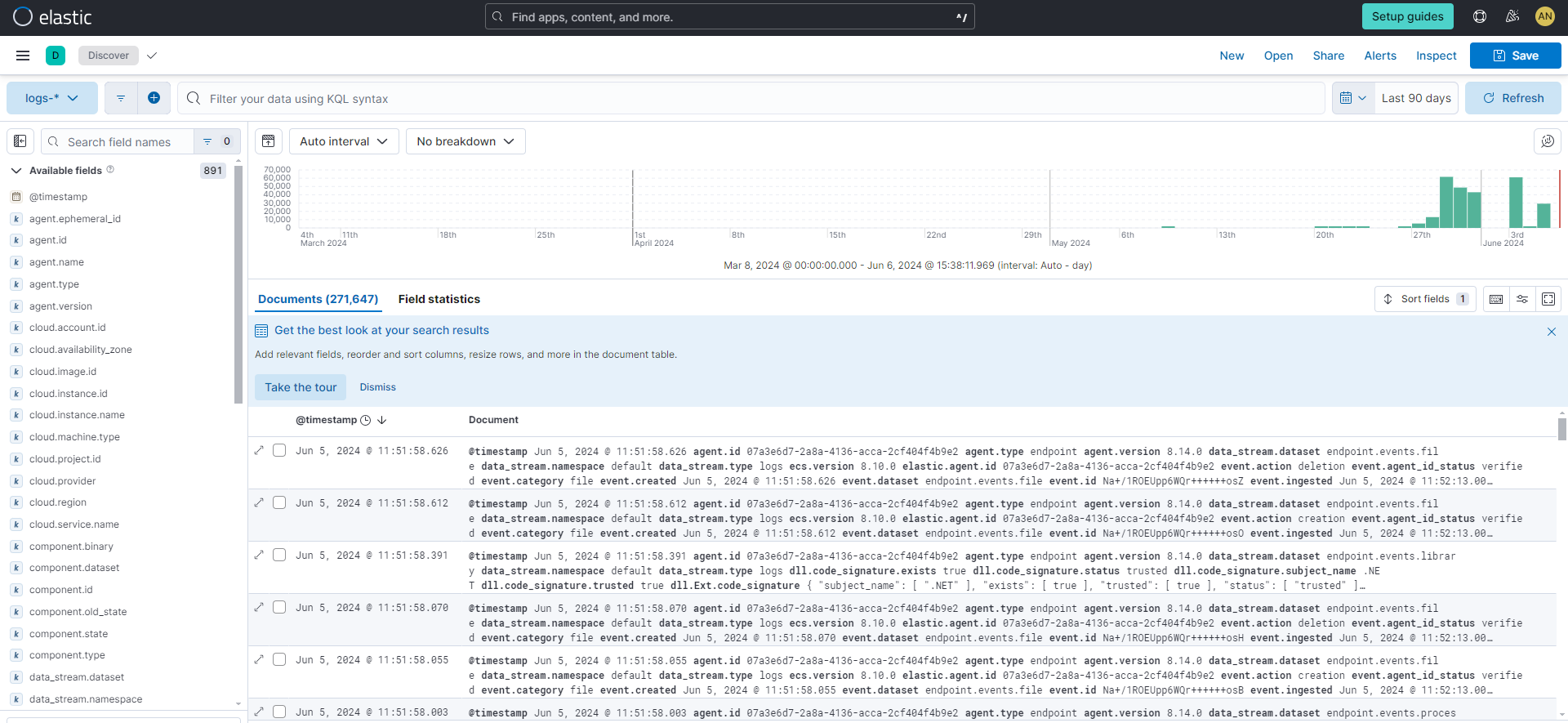 Kibana Discover shows agent logs are flowing into Elasticsearch.