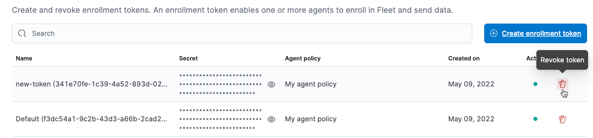 Enrollment tokens tab with Revoke token highlighted