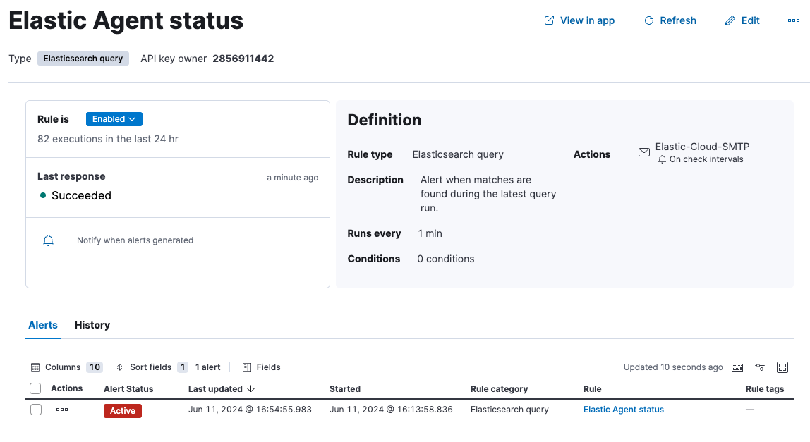 A screen capture showing the details for the new Elastic Agent status rule