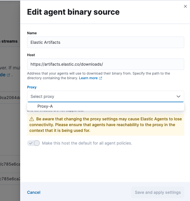 Screen capture of the Edit agent binary source UI in Fleet