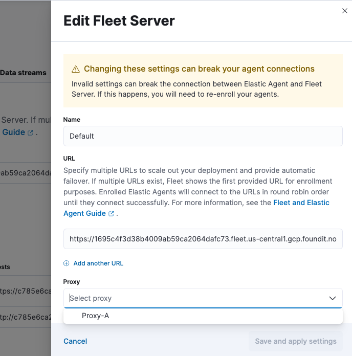 Screen capture of the Edit Fleet Server UI