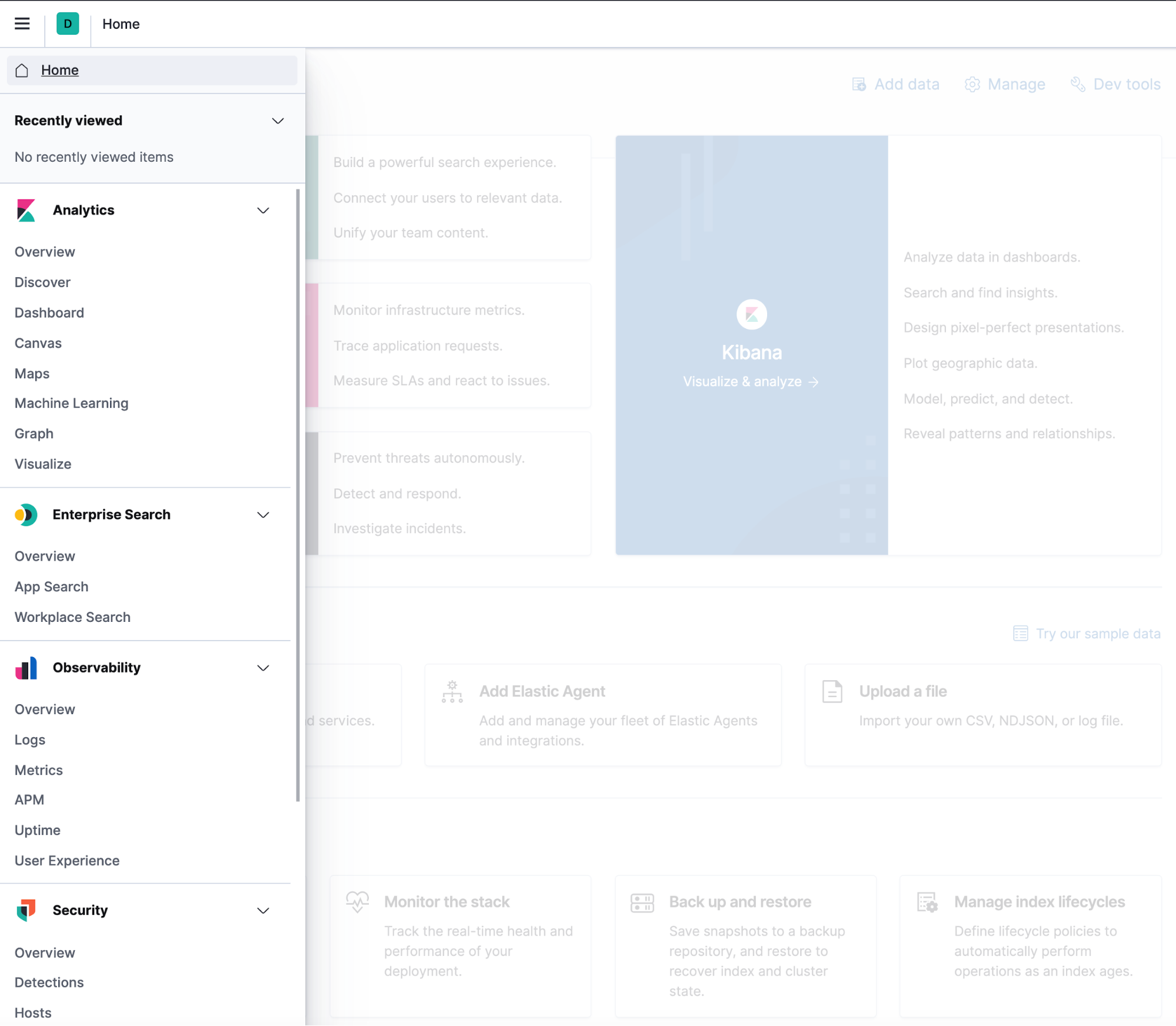 Kibana main menu