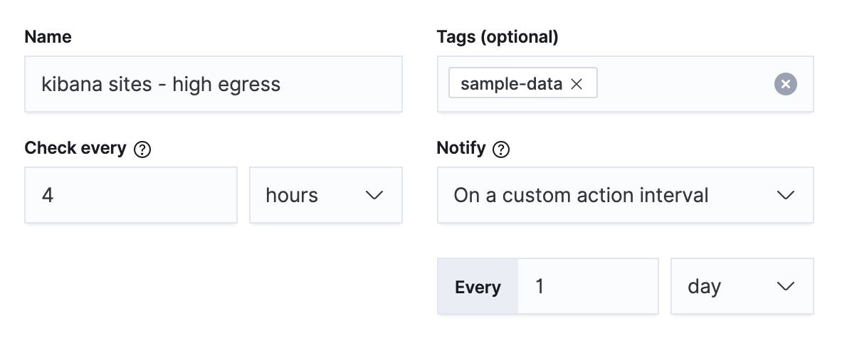 All rules have name, tags, check every, and notify properties in common