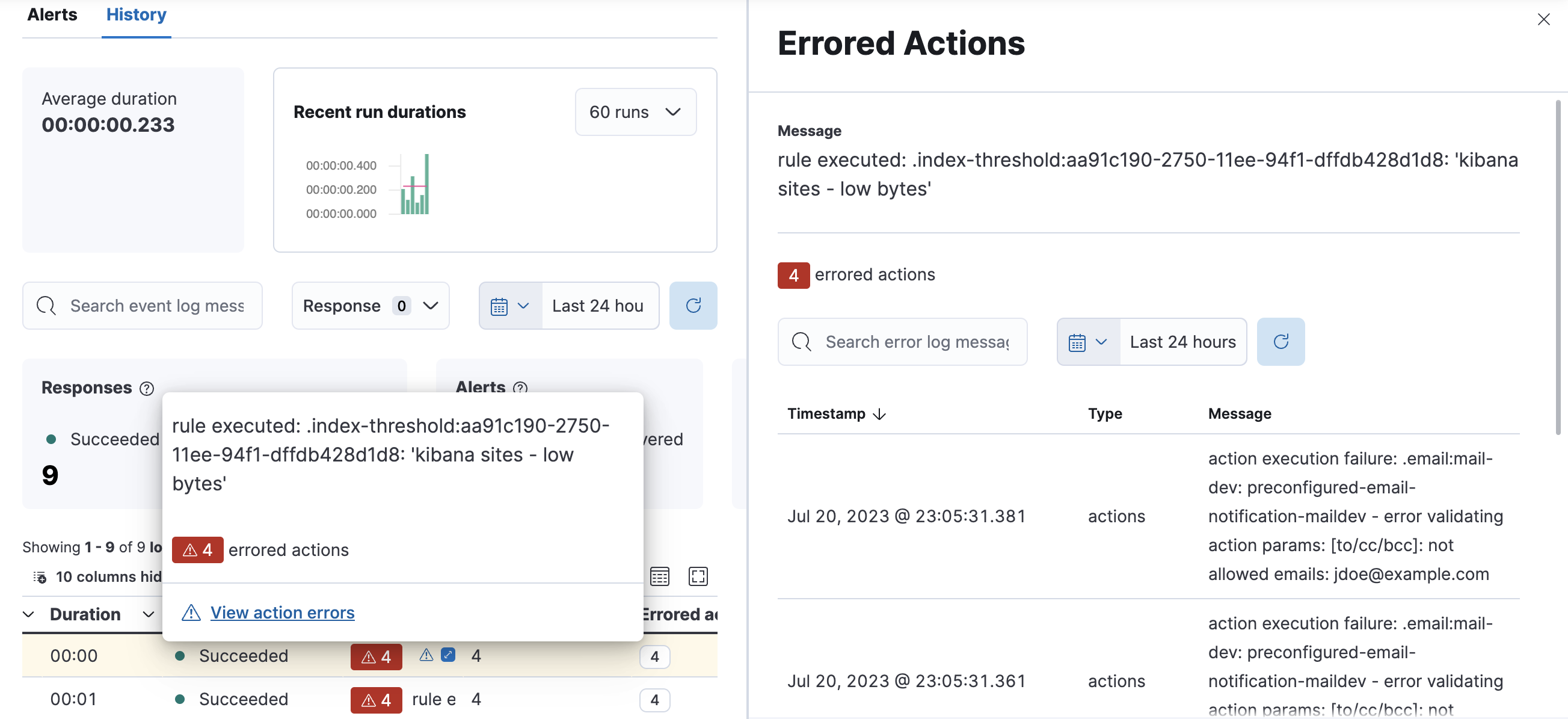 Rule histor page with alerts that have errored actions