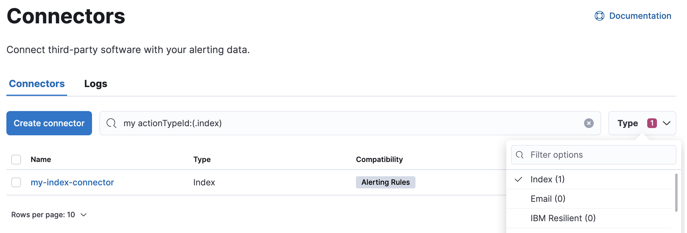 Filtering the connector list by types of connectors