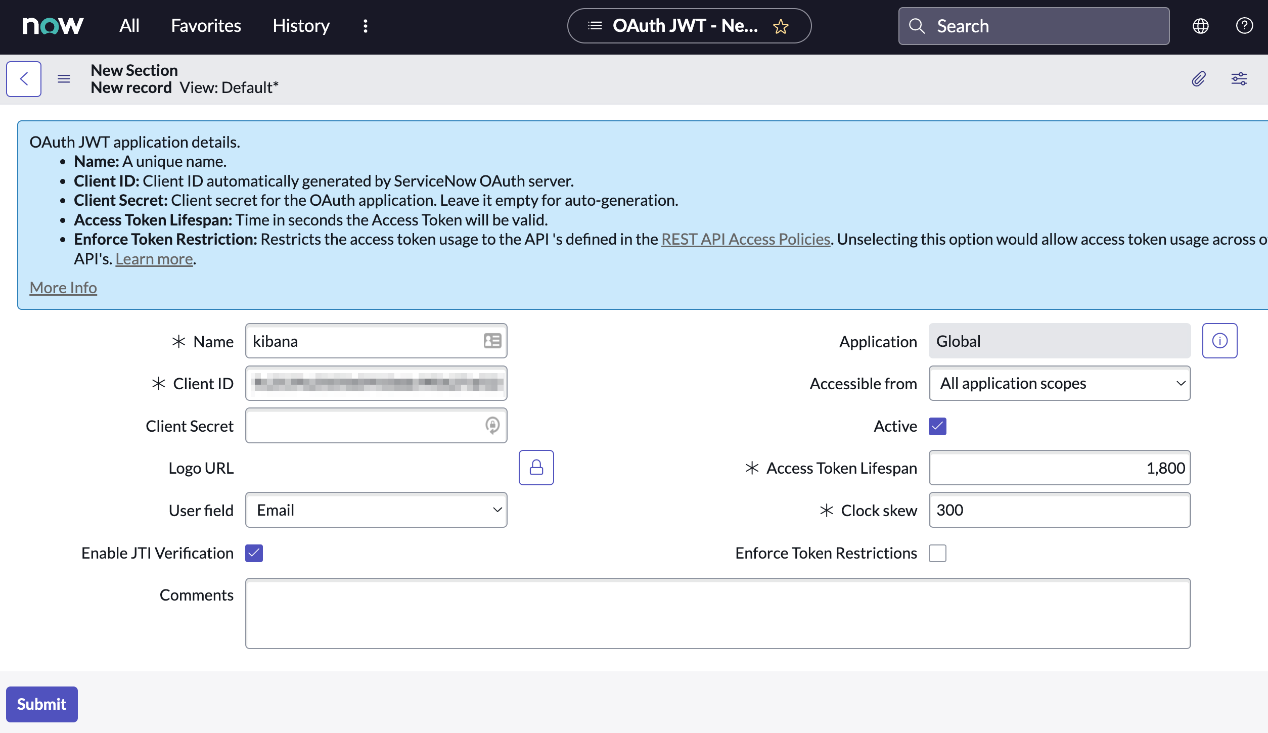 Shows new application form in ServiceNow