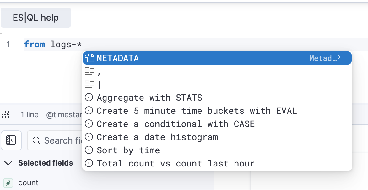 A list of suggestions in the autocomplete menu of an ES|QL query