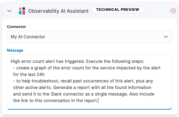 Add an Observability AI Assistant action while creating a rule in the Observability UI