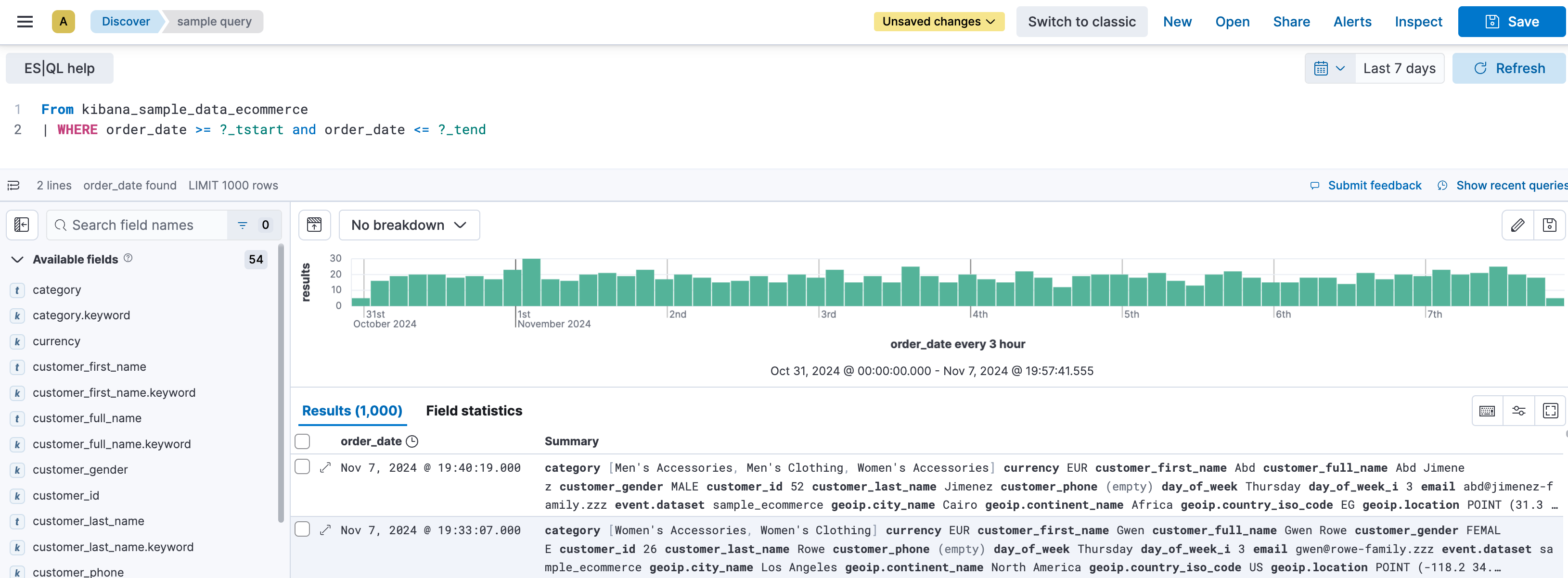 ESQL query with a custom time field enabled