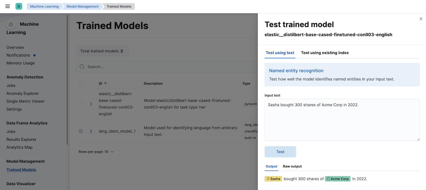 Testing a sentence with two named entities against a NER trained model in the *machine learning* app