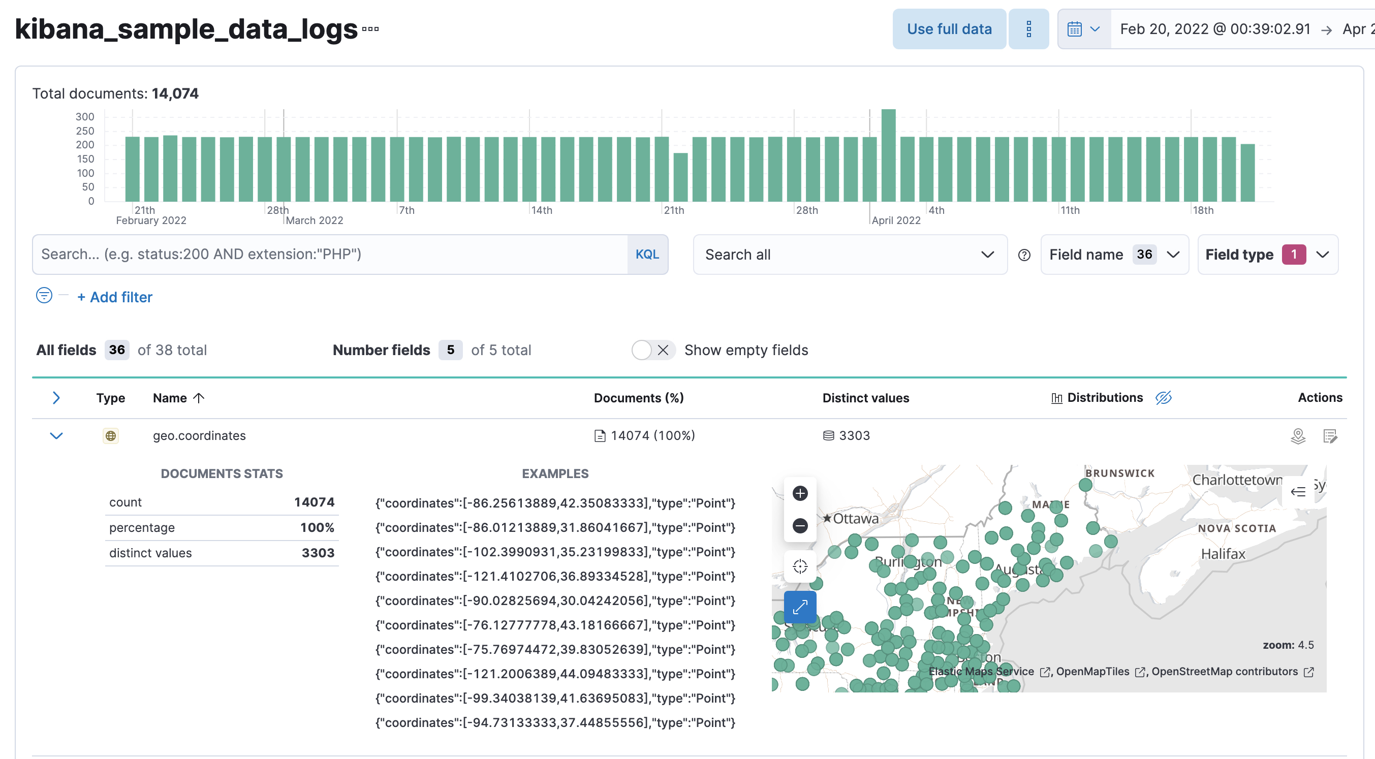 A screenshot of a geo_point field in Data Visualizer