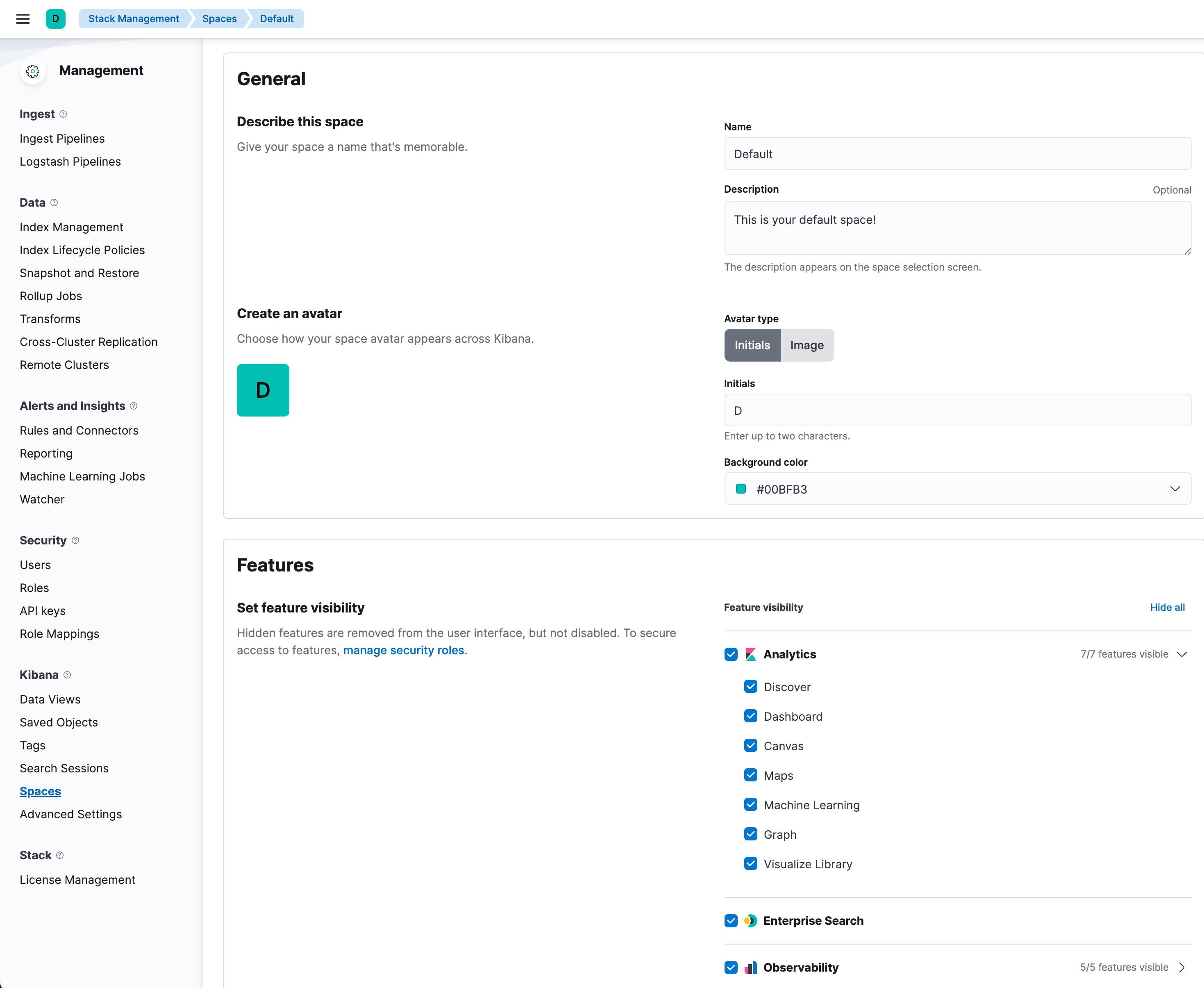 Manage spaces in Kibana