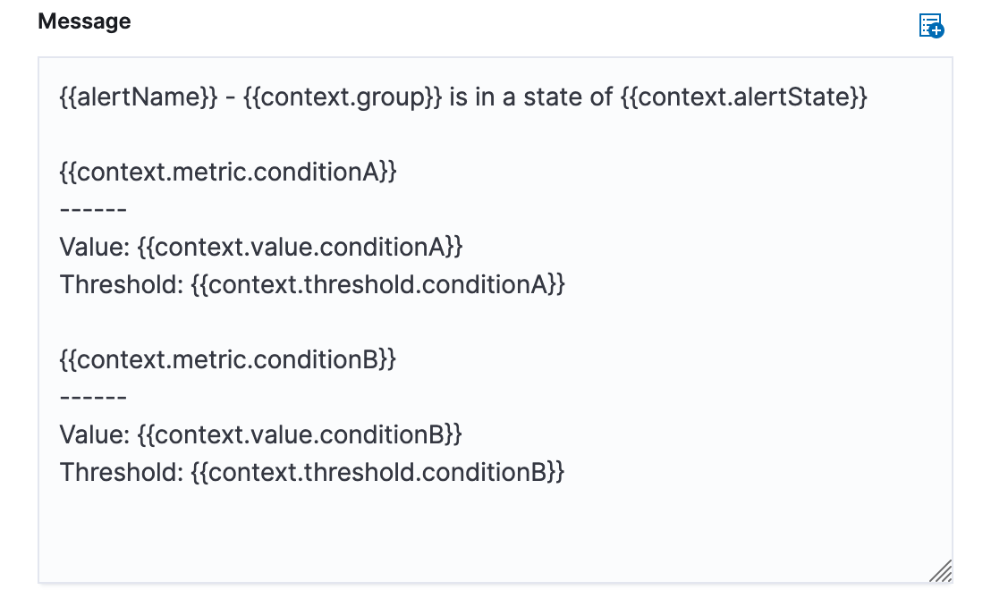 The default metrics threshold alert message detailing advanced variables