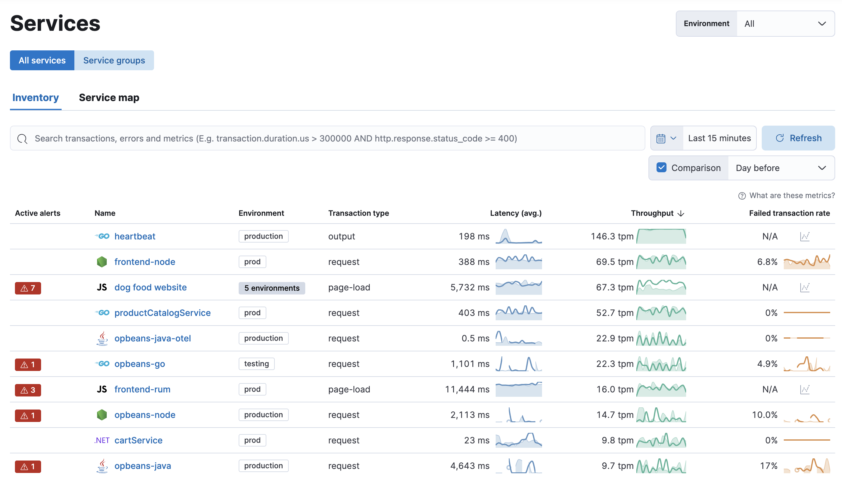 Example view of services table the APM UI in Kibana