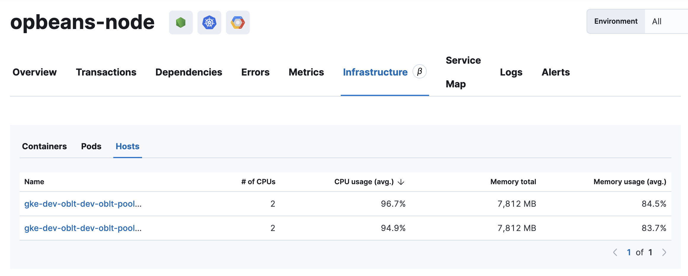 Example view of the Infrastructure tab in APM UI in Kibana