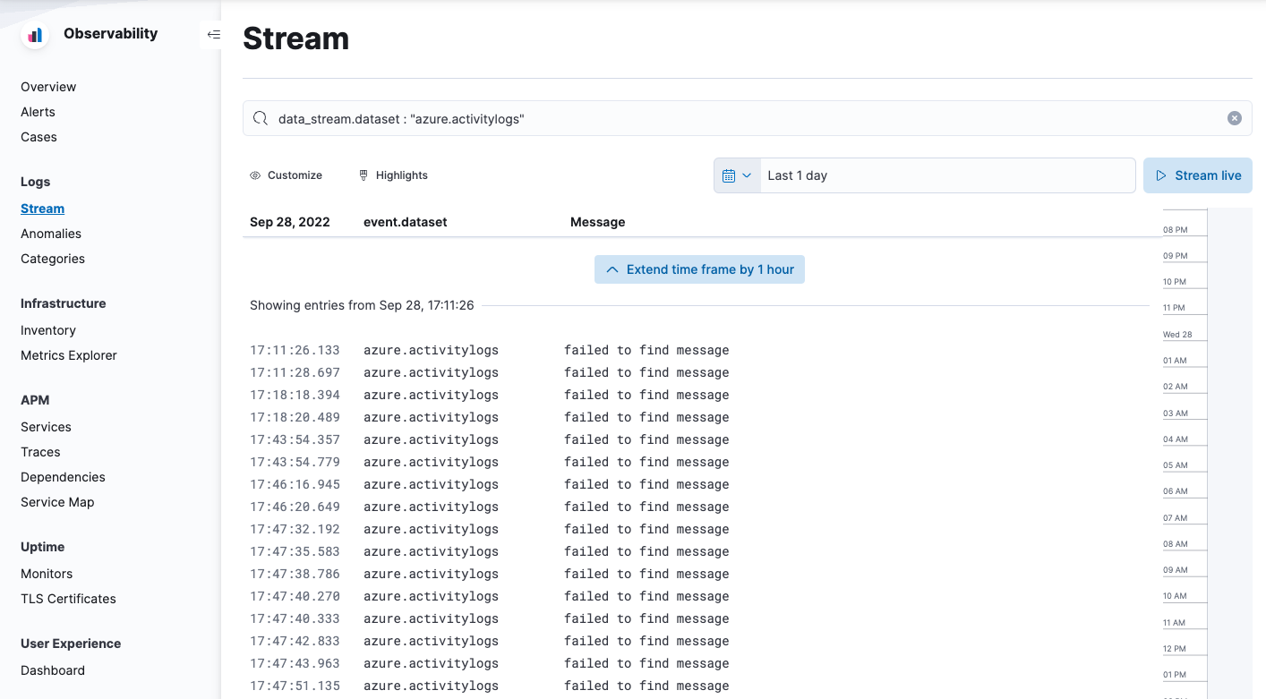 Screenshot of Logs app showing Azure activity logs