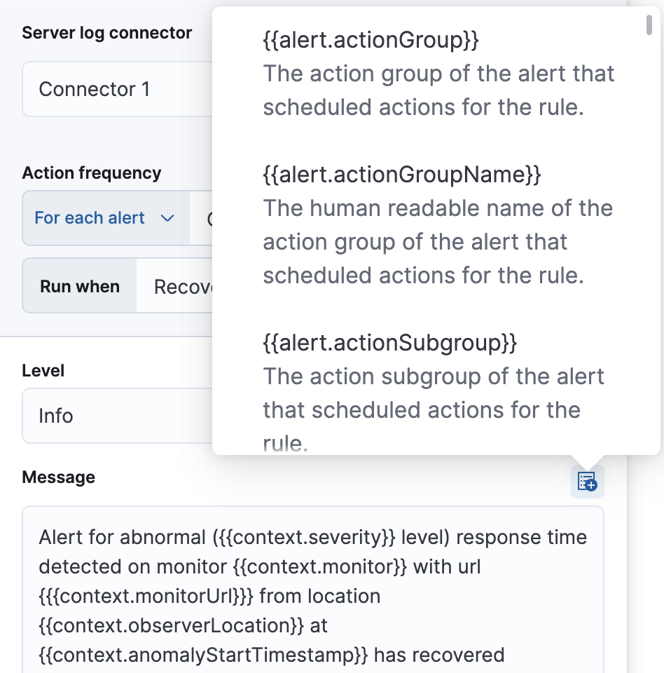 Default recovery message for Uptime duration anomaly rules with open "Add variable" popup listing available action variables