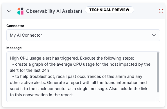 Add an Observability AI assistant action while creating a rule in the Observability UI