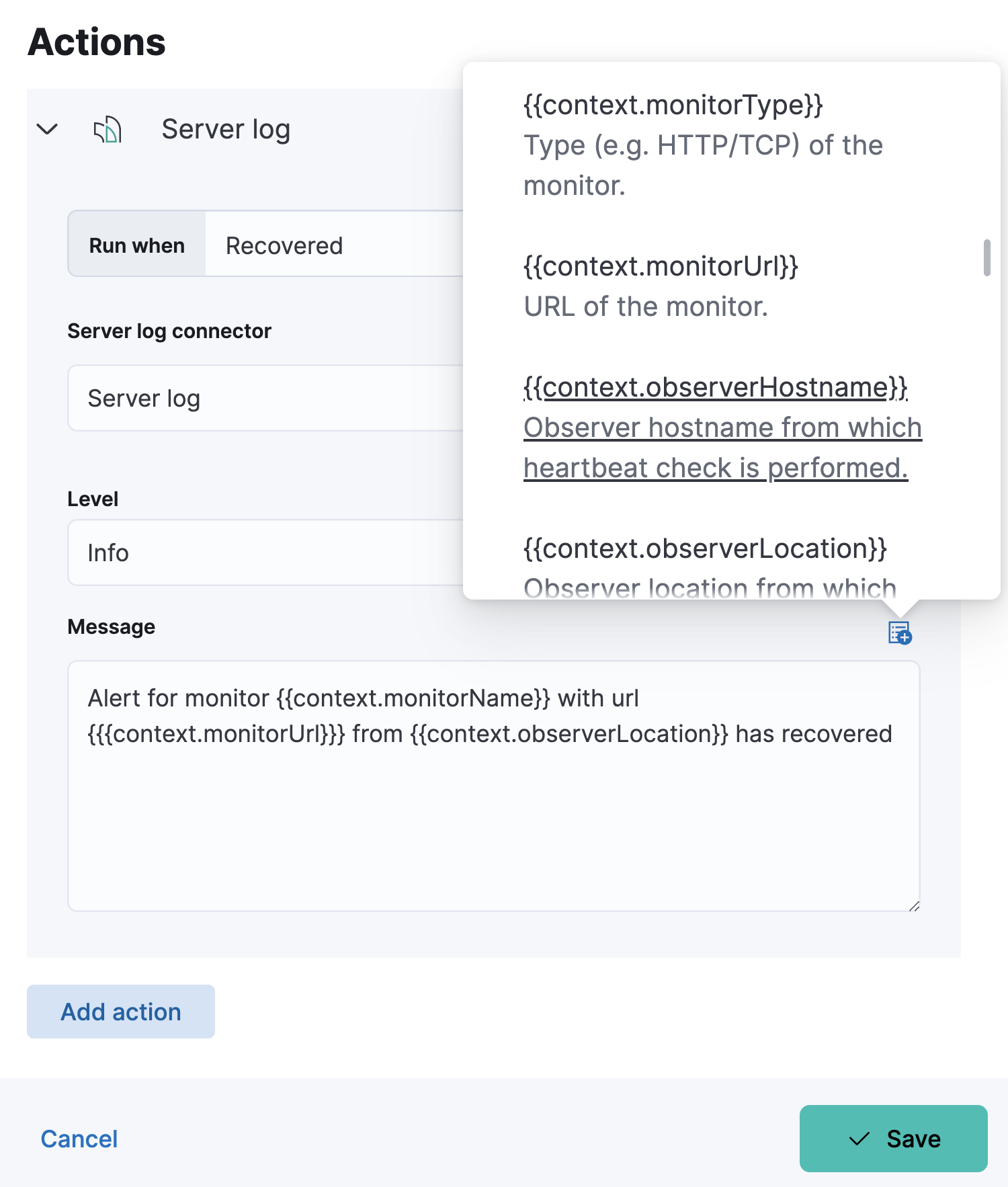 Default recovery message for monitor status rules with open "Add variable" popup listing available action variables