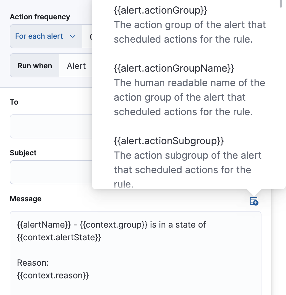 Default notification message for infrastructure threshold rules with open "Add variable" popup listing available action variables