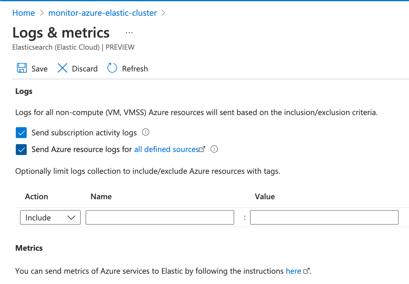 Elastic configure logs and metrics