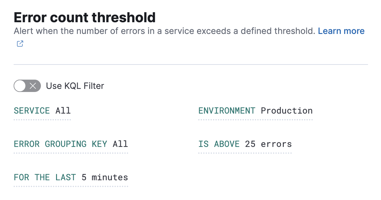 apm error count rule filters conditions