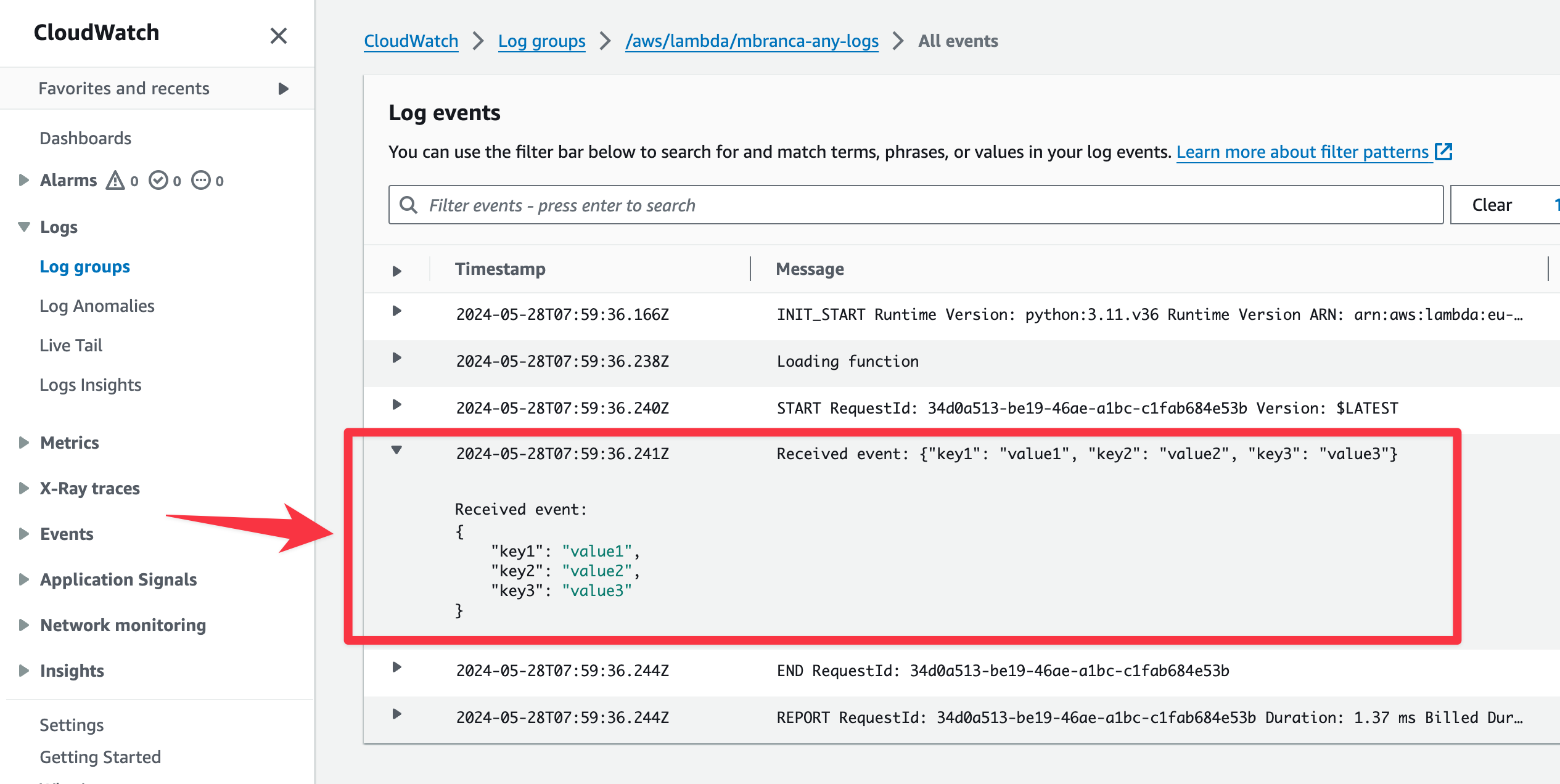 CloudWatch log group with sample logs