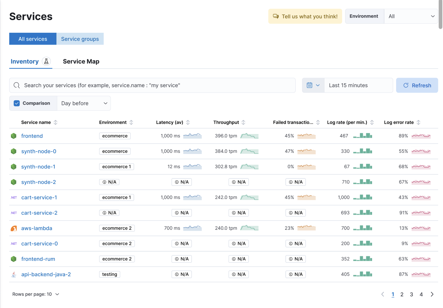 Services inventory that shows APM data and log data