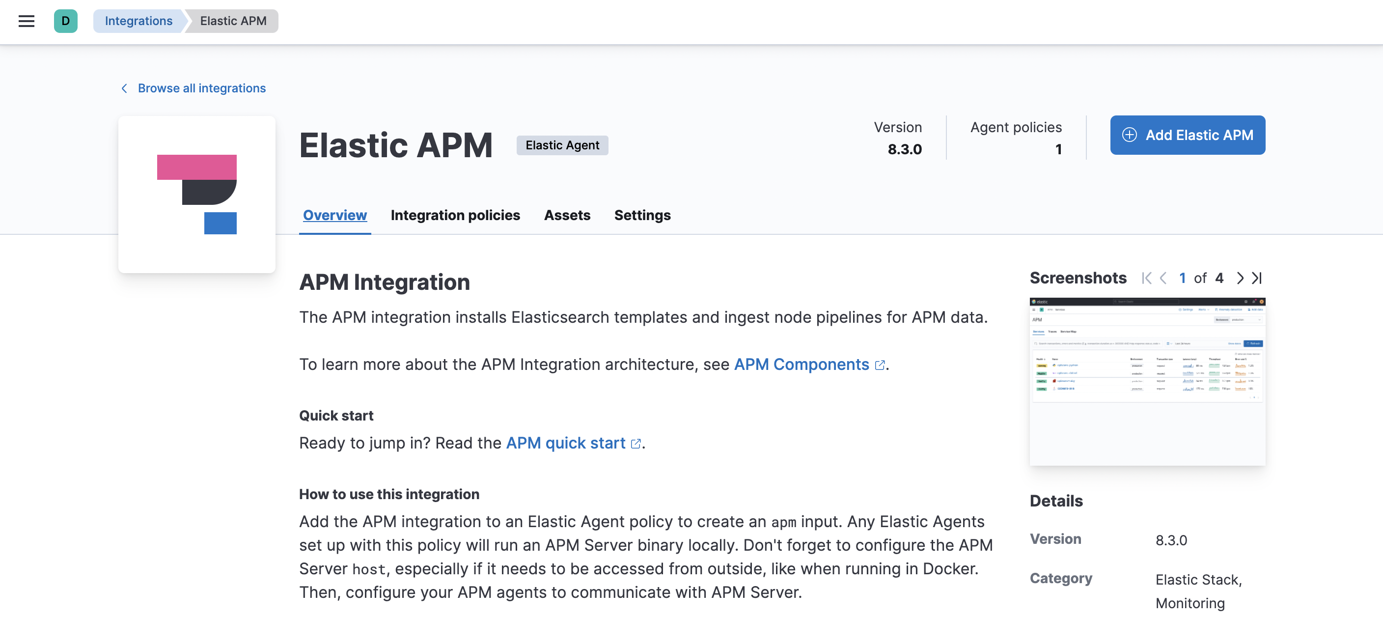 Fleet showing APM integration overview