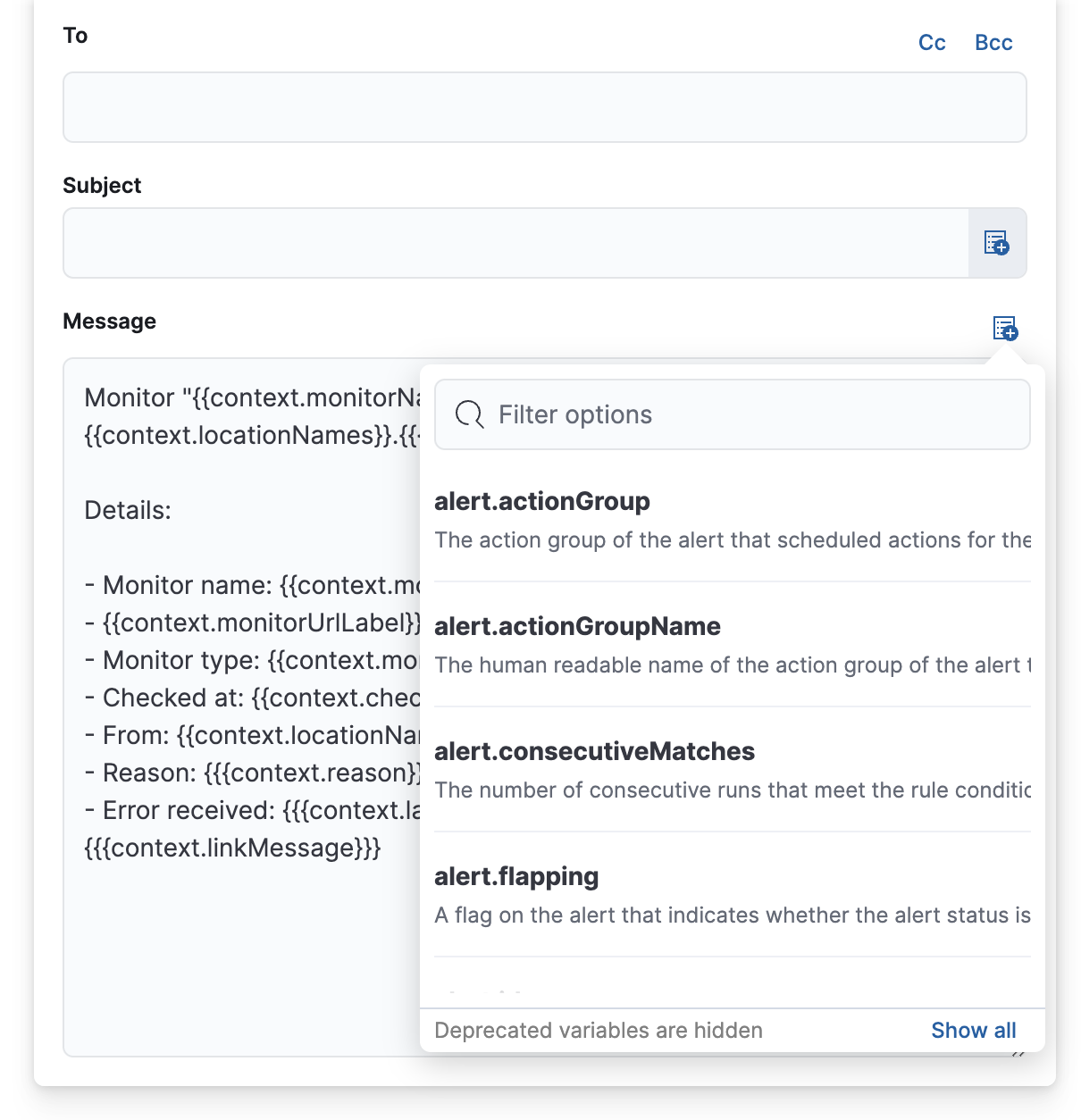 synthetic monitor action variables