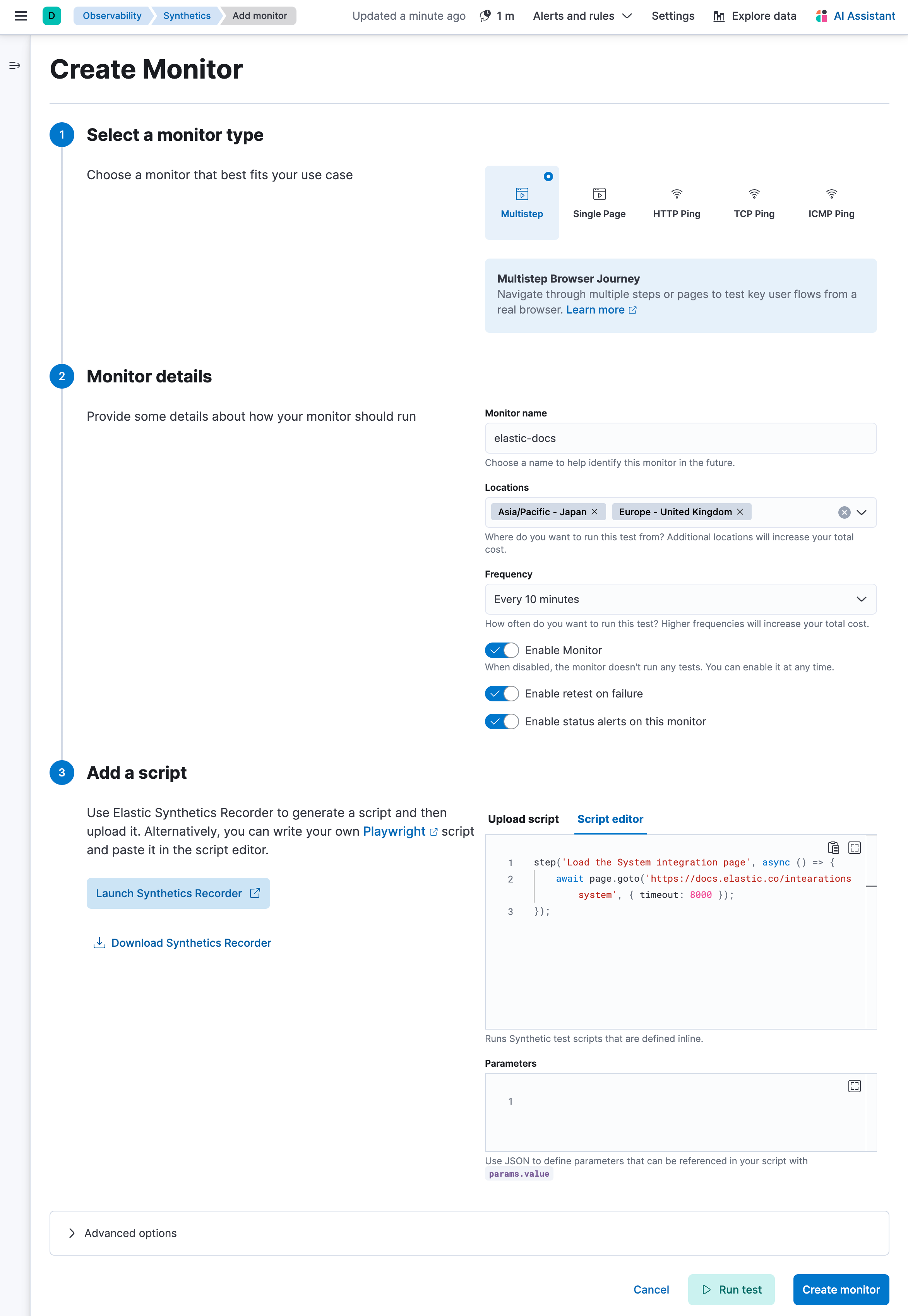 Configure a synthetic monitor using an inline script in Elastic Fleet