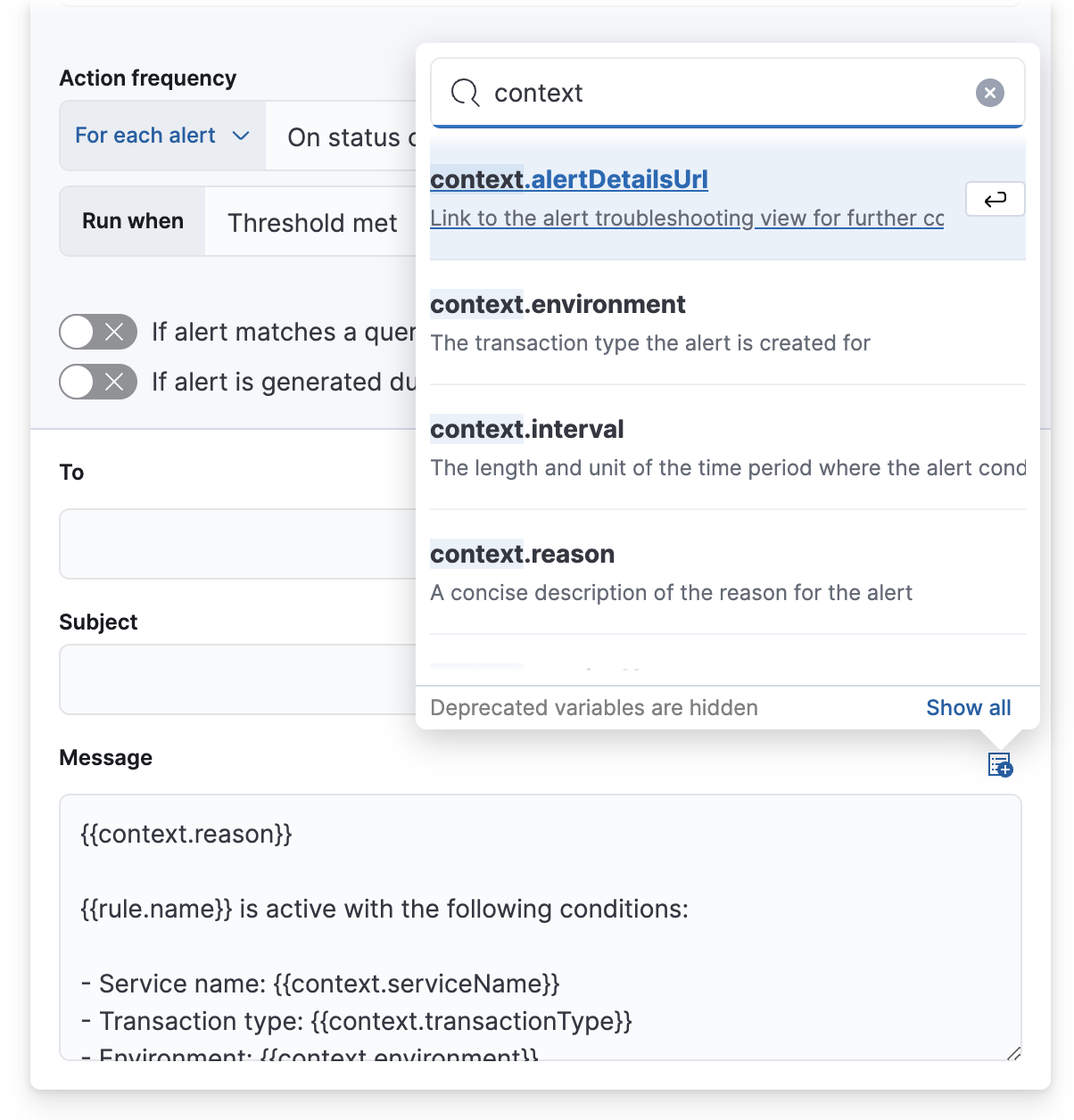 apm failed transaction rate threshold rule action variables